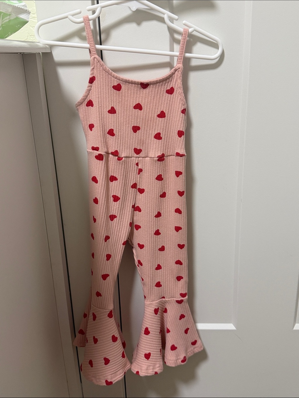 Girls Pink Heart Print Ruffle Hem Jumpsuit